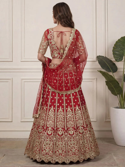 Tulsi Art Outstanding Red Zari Embroidered Net Wedding Wear Lehenga Choli