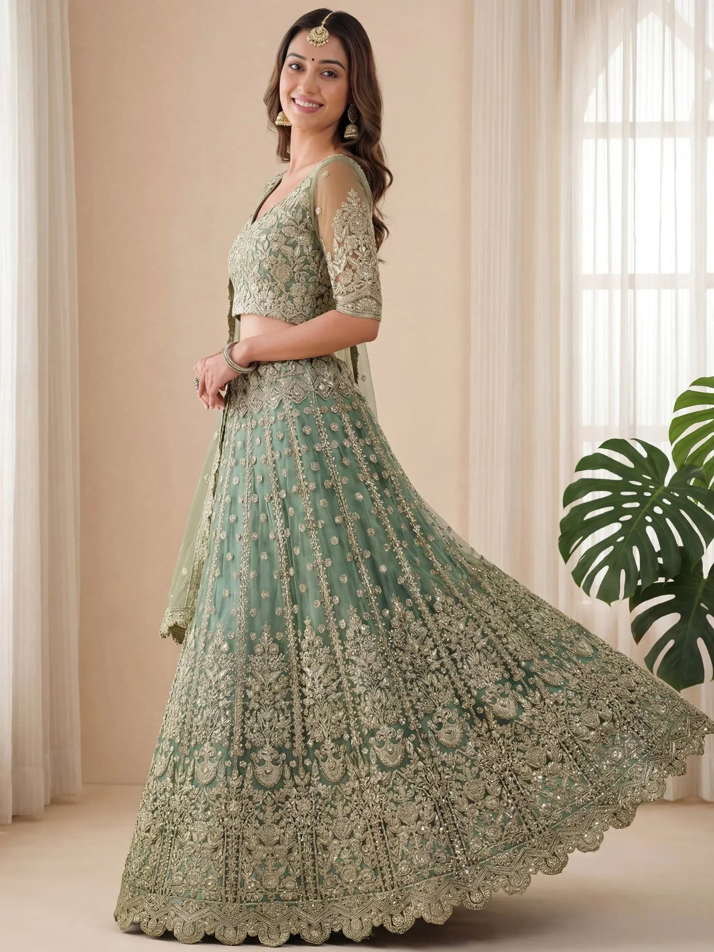 Tulsi Art Dazzling Green Embroidered Soft Net Function Wear Lehenga Choli