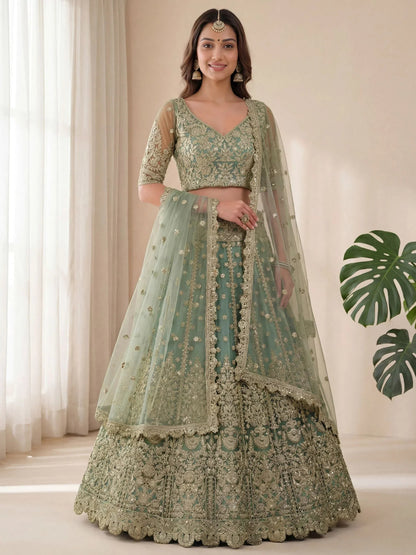 Tulsi Art Dazzling Green Embroidered Soft Net Function Wear Lehenga Choli