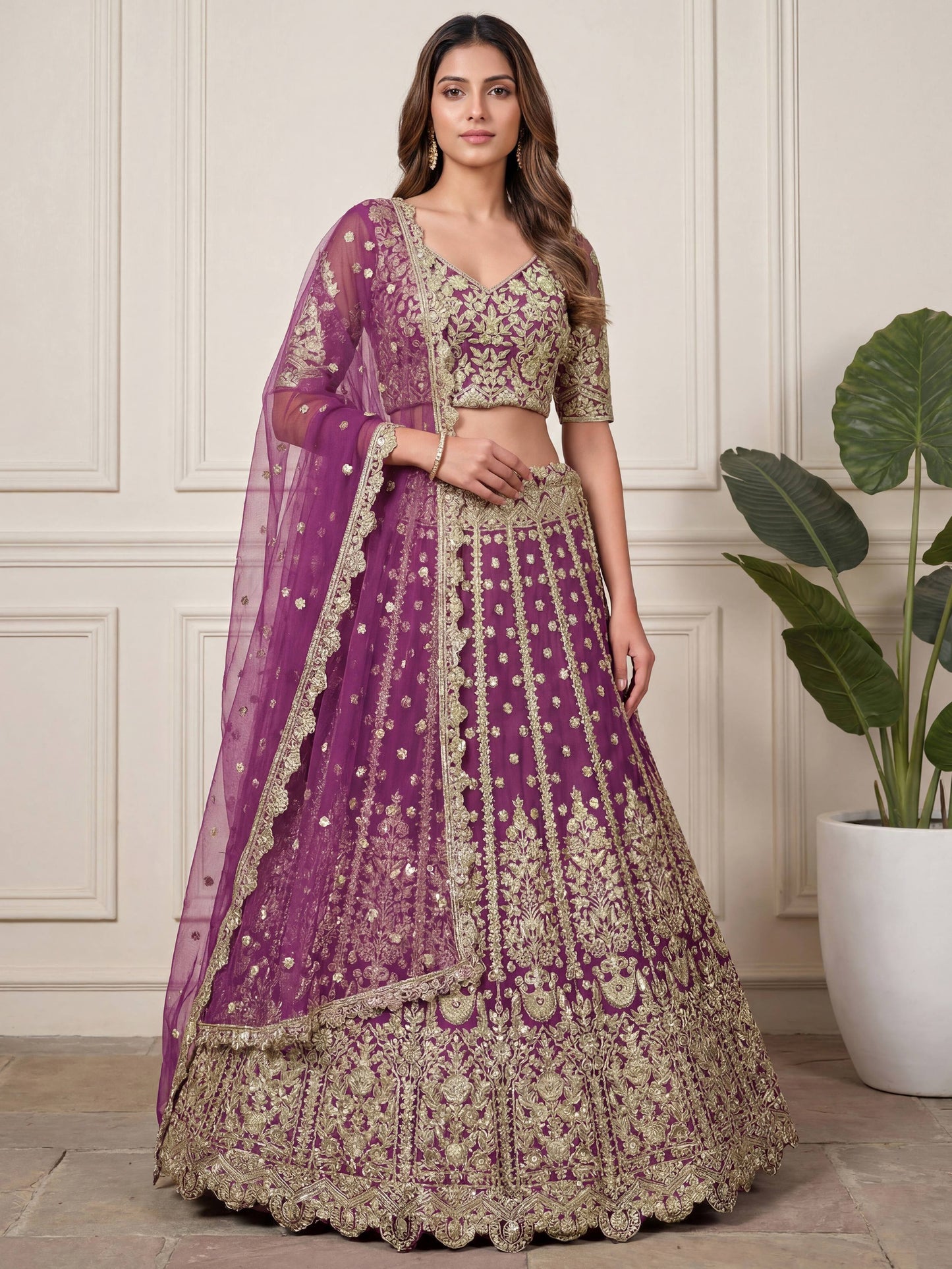 Tulsi Art Charming Purple Embroidered Soft Net Bridesmaid Lehenga Choli