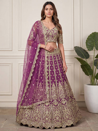 Tulsi Art Charming Purple Embroidered Soft Net Bridesmaid Lehenga Choli