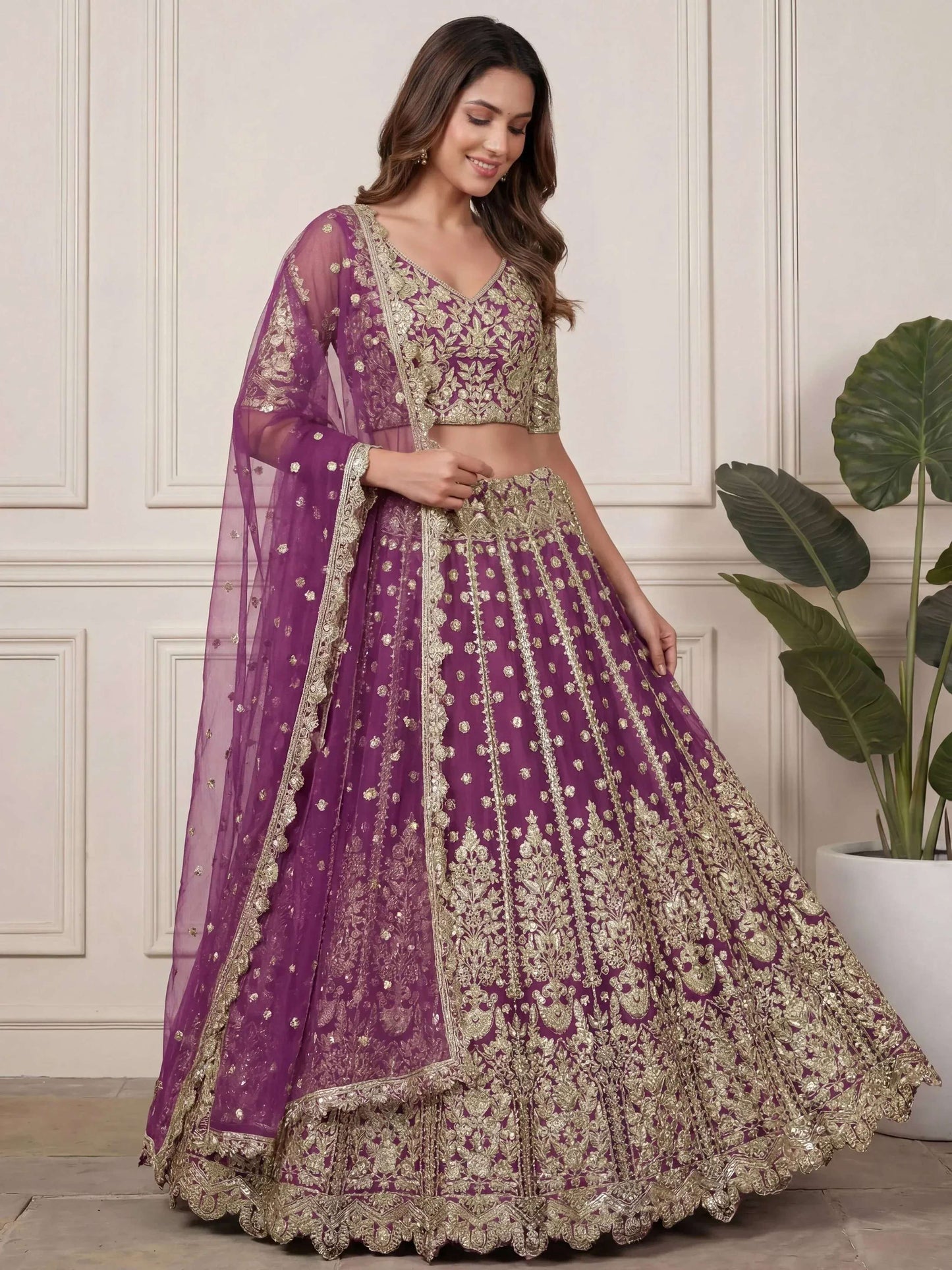 Tulsi Art Charming Purple Embroidered Soft Net Bridesmaid Lehenga Choli