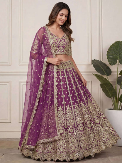 Tulsi Art Charming Purple Embroidered Soft Net Bridesmaid Lehenga Choli