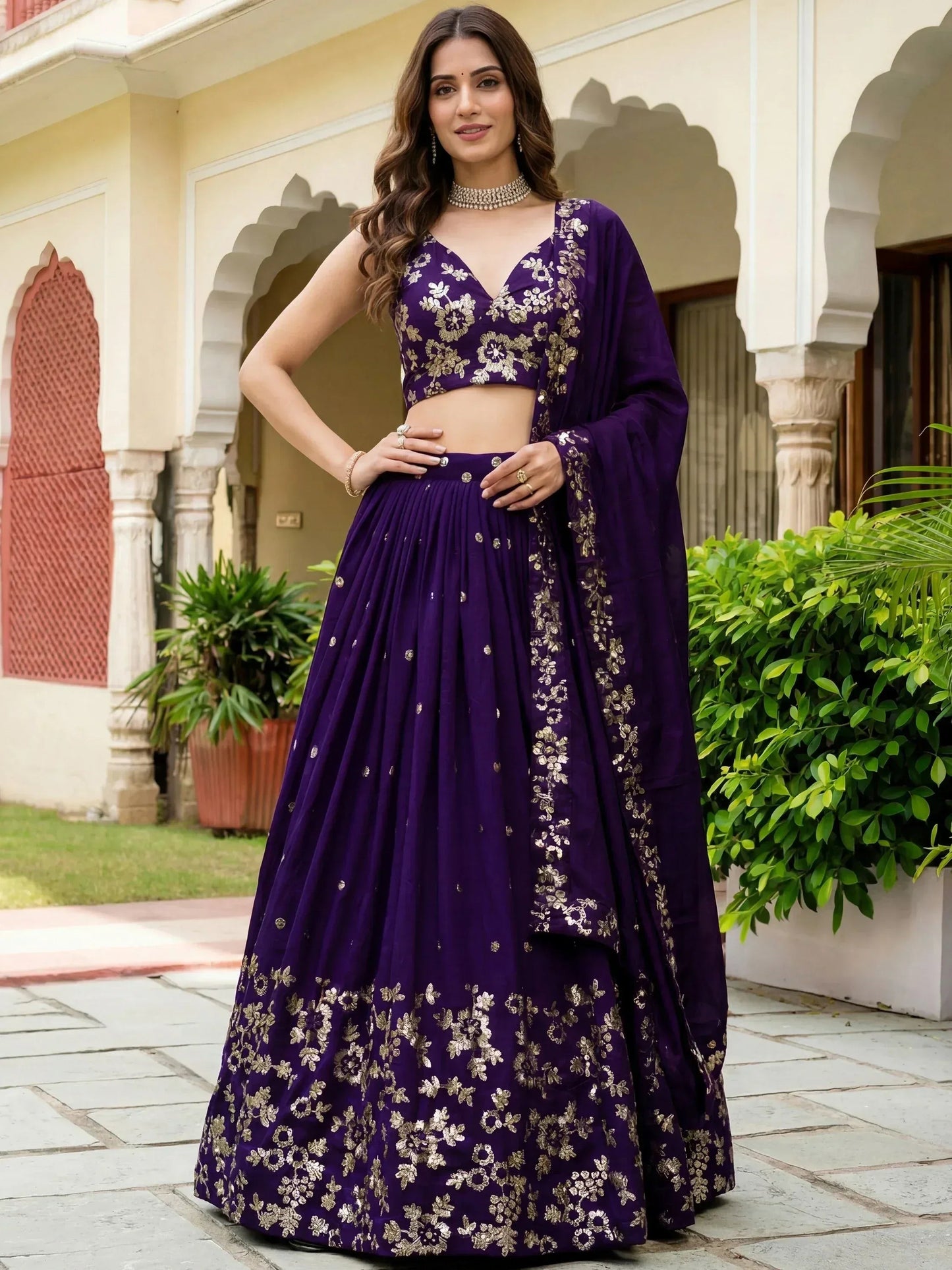 Tulsi Art Outstanding Purple Sequins Georgette Wedding Wear Lehenga Choli