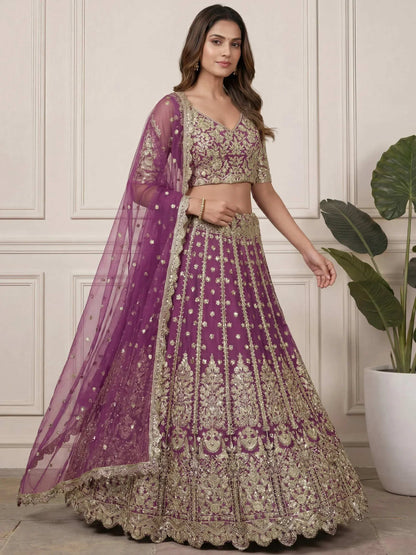 Tulsi Art Charming Purple Embroidered Soft Net Bridesmaid Lehenga Choli