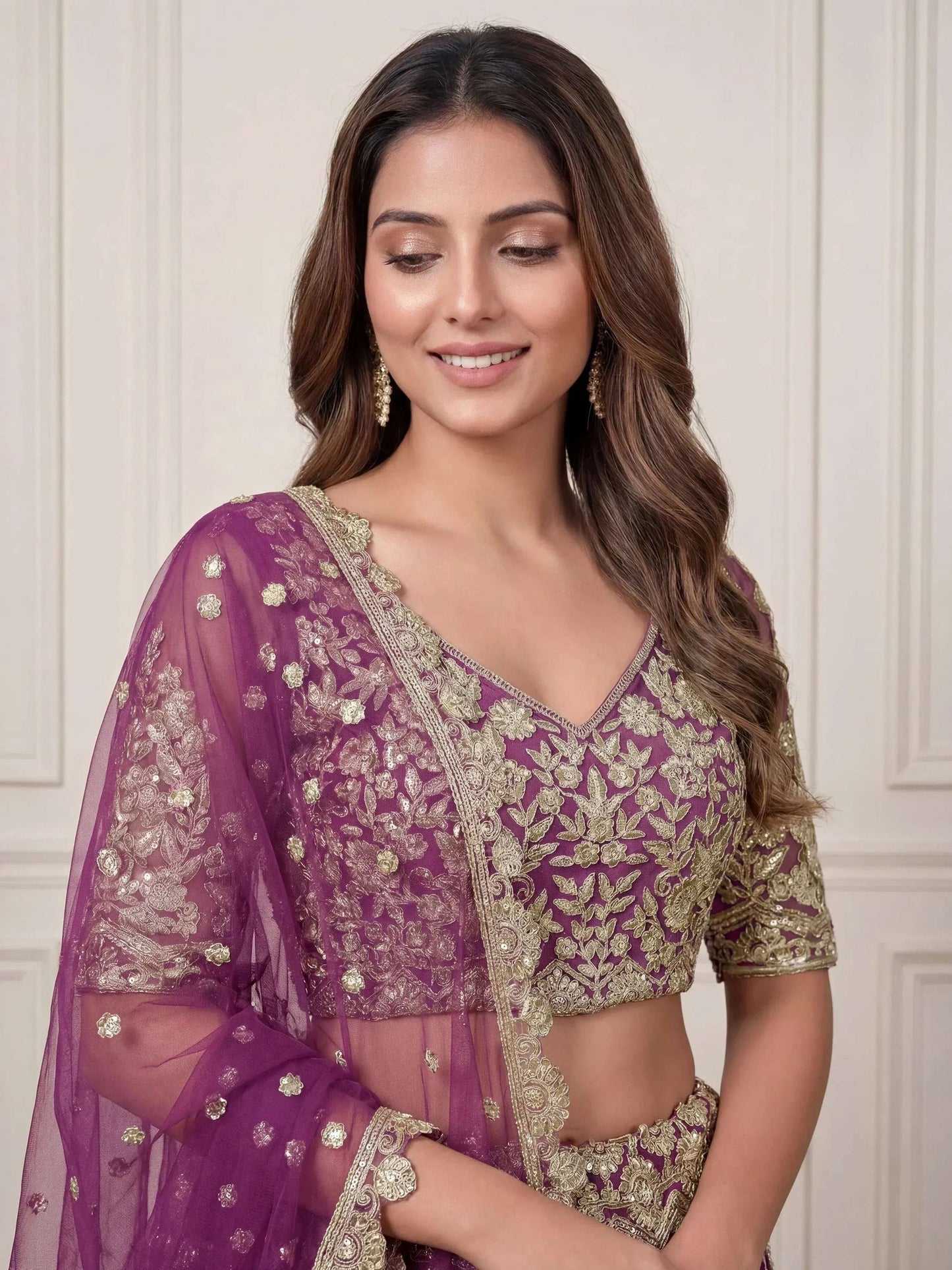 Tulsi Art Charming Purple Embroidered Soft Net Bridesmaid Lehenga Choli