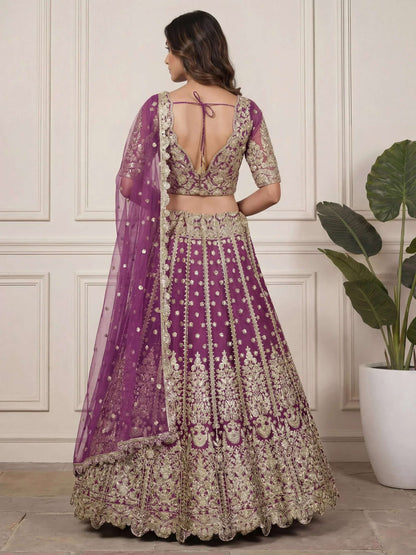 Tulsi Art Charming Purple Embroidered Soft Net Bridesmaid Lehenga Choli