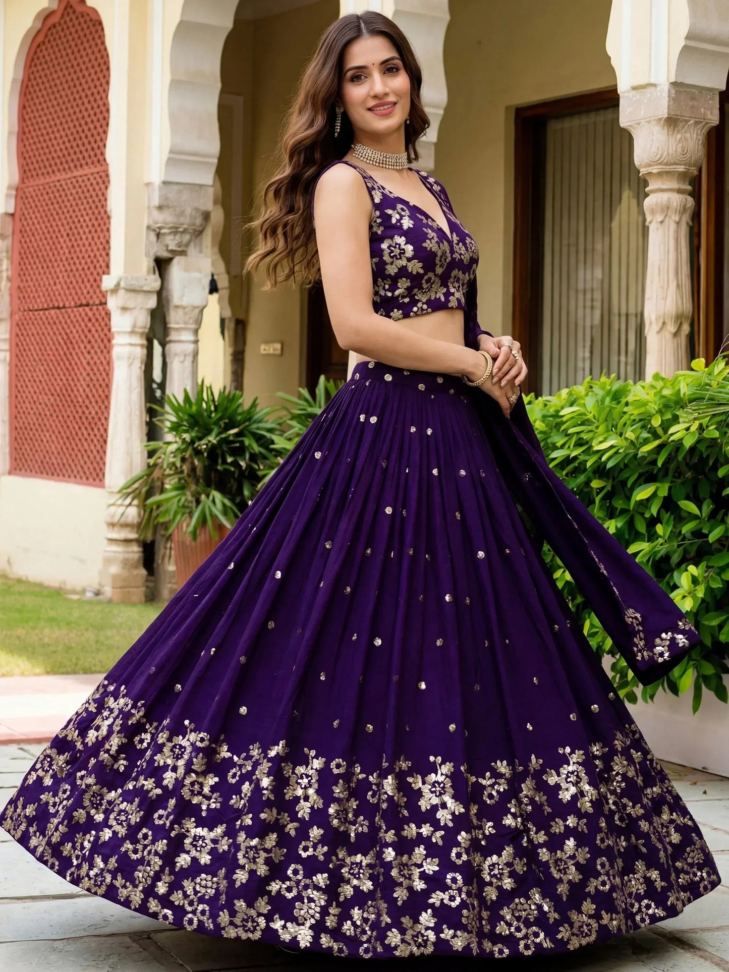 Tulsi Art Outstanding Purple Sequins Georgette Wedding Wear Lehenga Choli
