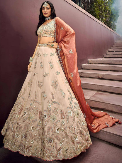 Tulsi Art Outstanding Soft Beige Embroidered Silk Wedding Wear Lehenga Choli