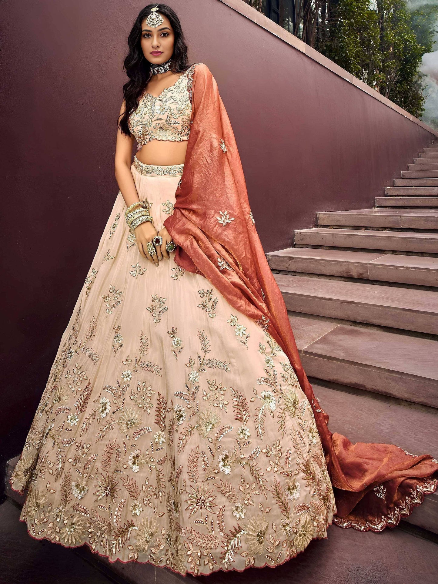 Tulsi Art Outstanding Soft Beige Embroidered Silk Wedding Wear Lehenga Choli