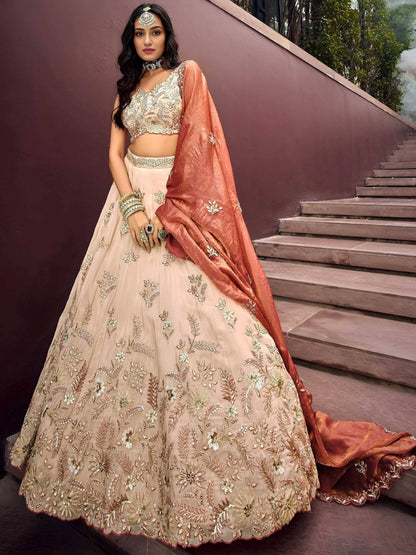 Tulsi Art Outstanding Soft Beige Embroidered Silk Wedding Wear Lehenga Choli