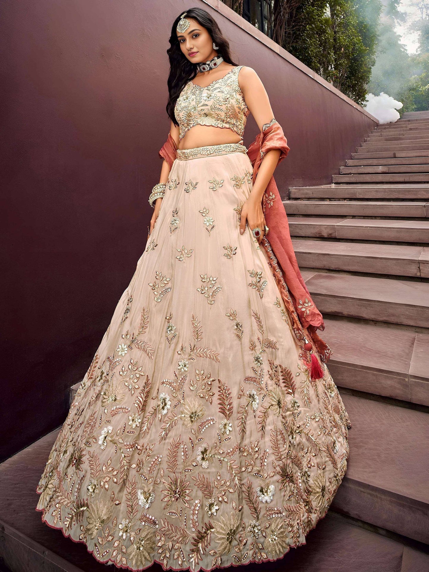 Tulsi Art Outstanding Soft Beige Embroidered Silk Wedding Wear Lehenga Choli