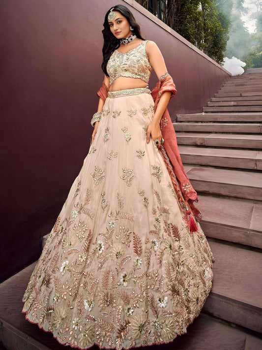Tulsi Art Outstanding Soft Beige Embroidered Silk Wedding Wear Lehenga Choli