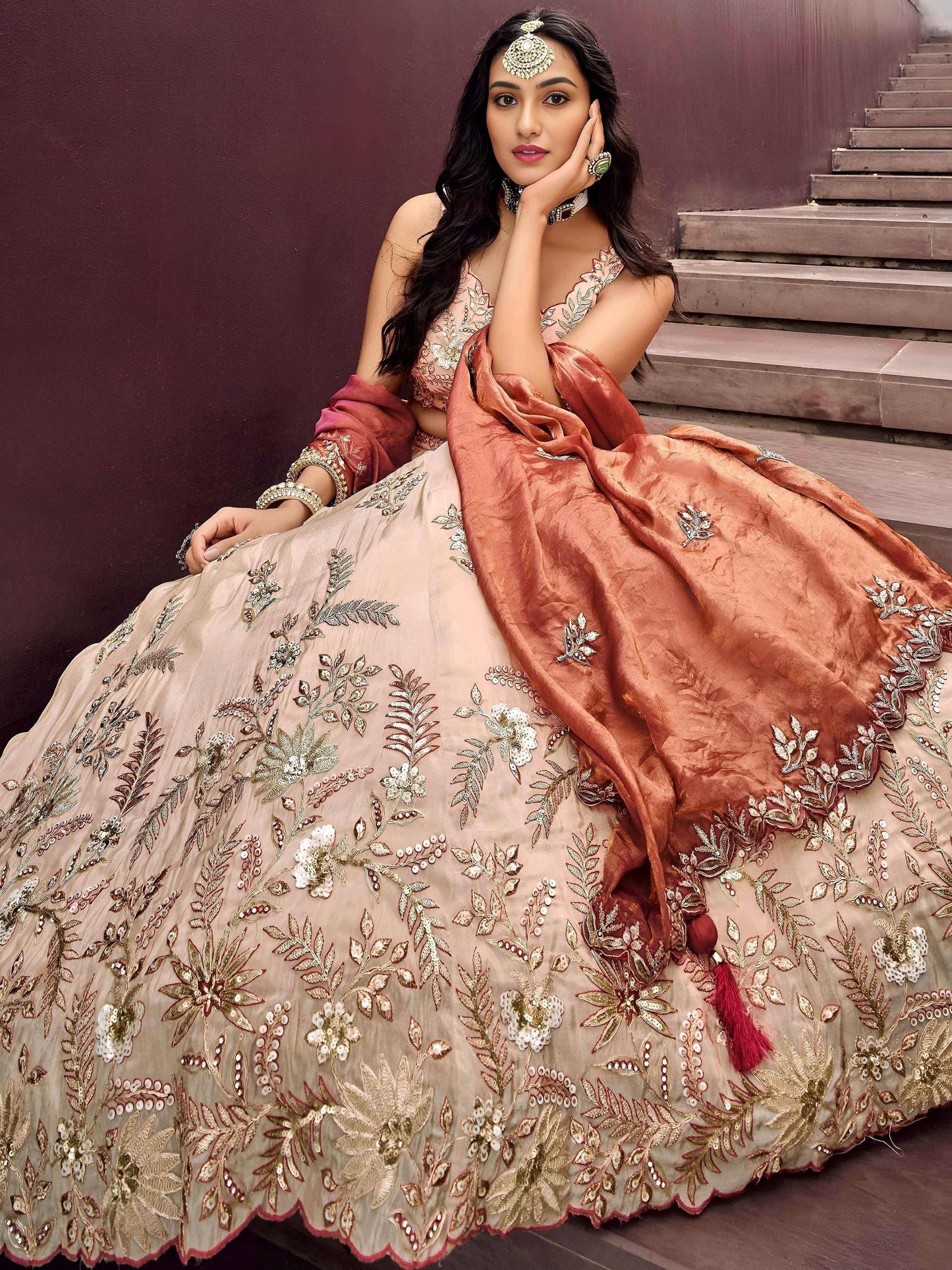 Tulsi Art Outstanding Soft Beige Embroidered Silk Wedding Wear Lehenga Choli