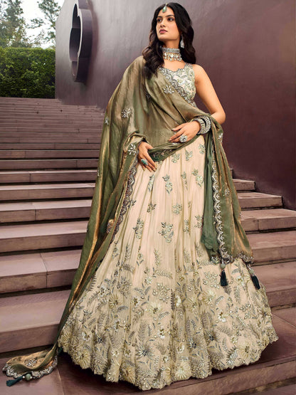 Tulsi Art Precious Soft Beige Embroidered Silk Wedding Wear Lehenga Choli