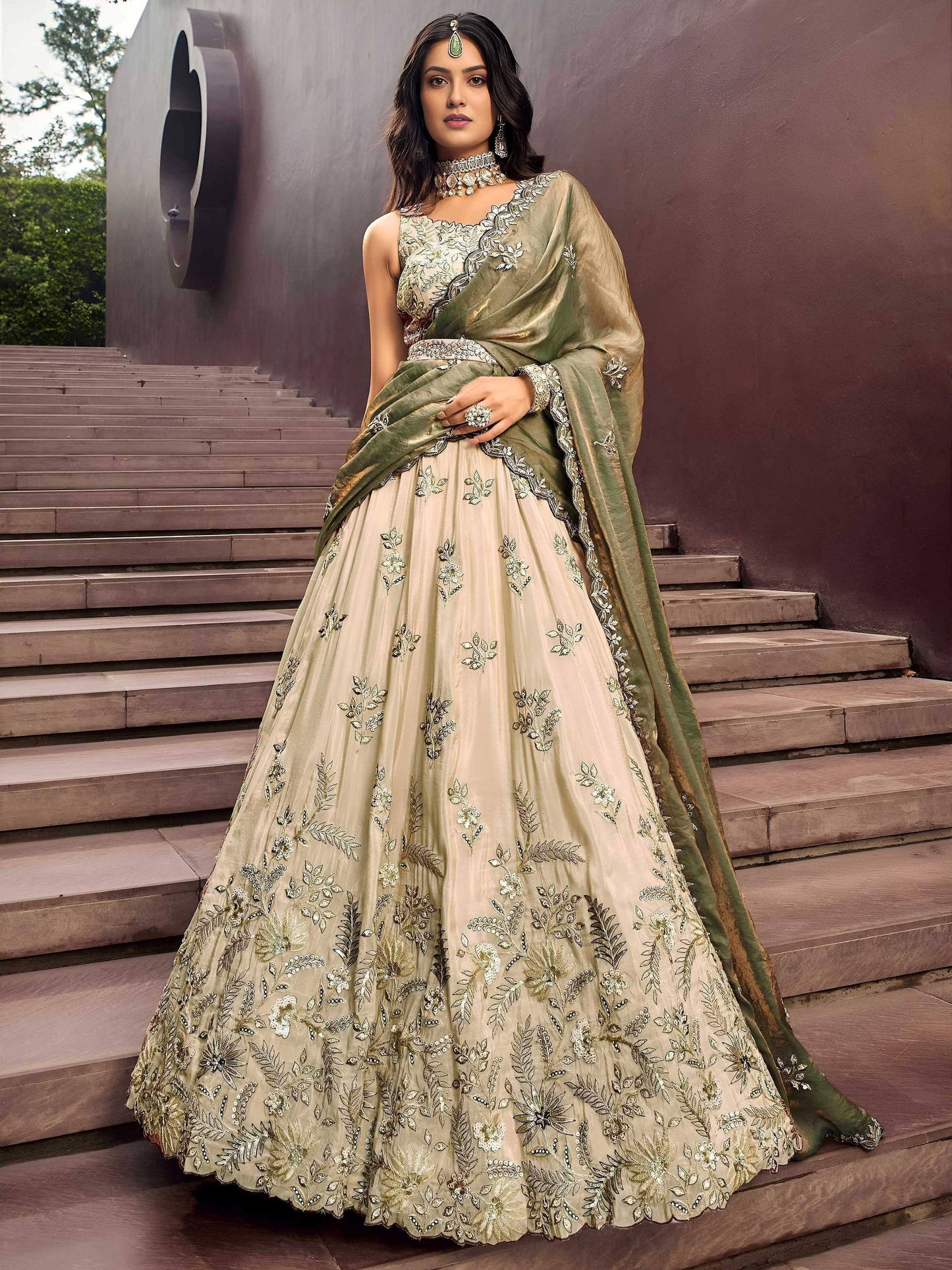 Tulsi Art Precious Soft Beige Embroidered Silk Wedding Wear Lehenga Choli