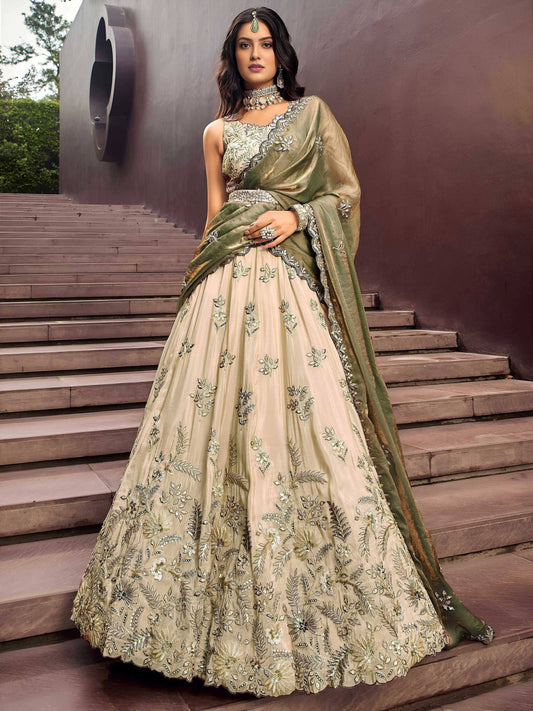 Tulsi Art Precious Soft Beige Embroidered Silk Wedding Wear Lehenga Choli