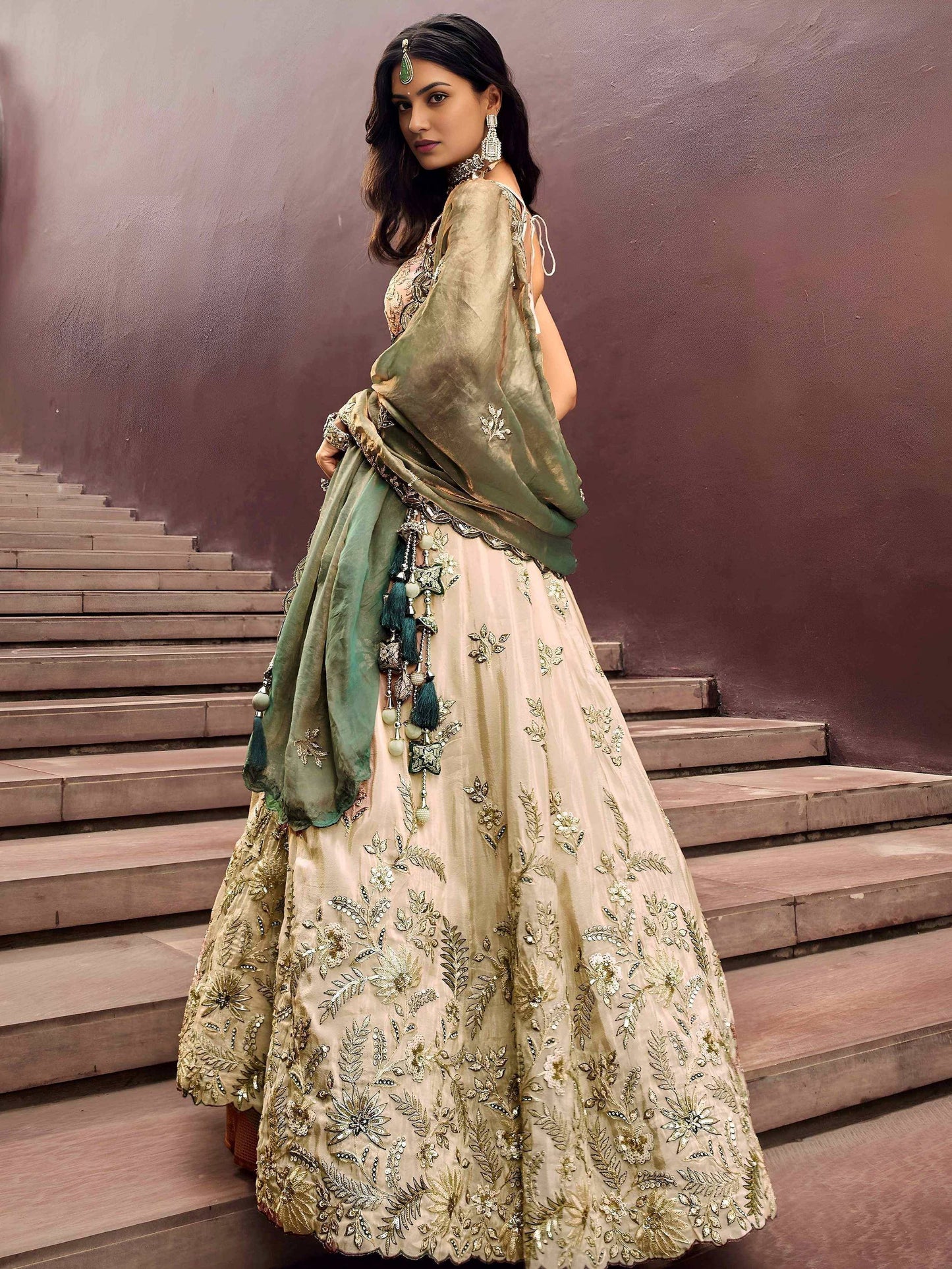 Tulsi Art Precious Soft Beige Embroidered Silk Wedding Wear Lehenga Choli