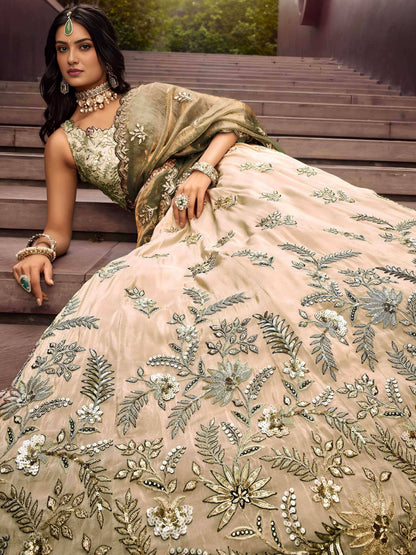 Tulsi Art Precious Soft Beige Embroidered Silk Wedding Wear Lehenga Choli