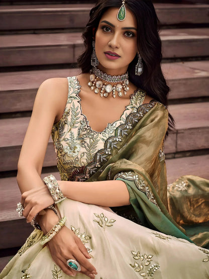Tulsi Art Precious Soft Beige Embroidered Silk Wedding Wear Lehenga Choli