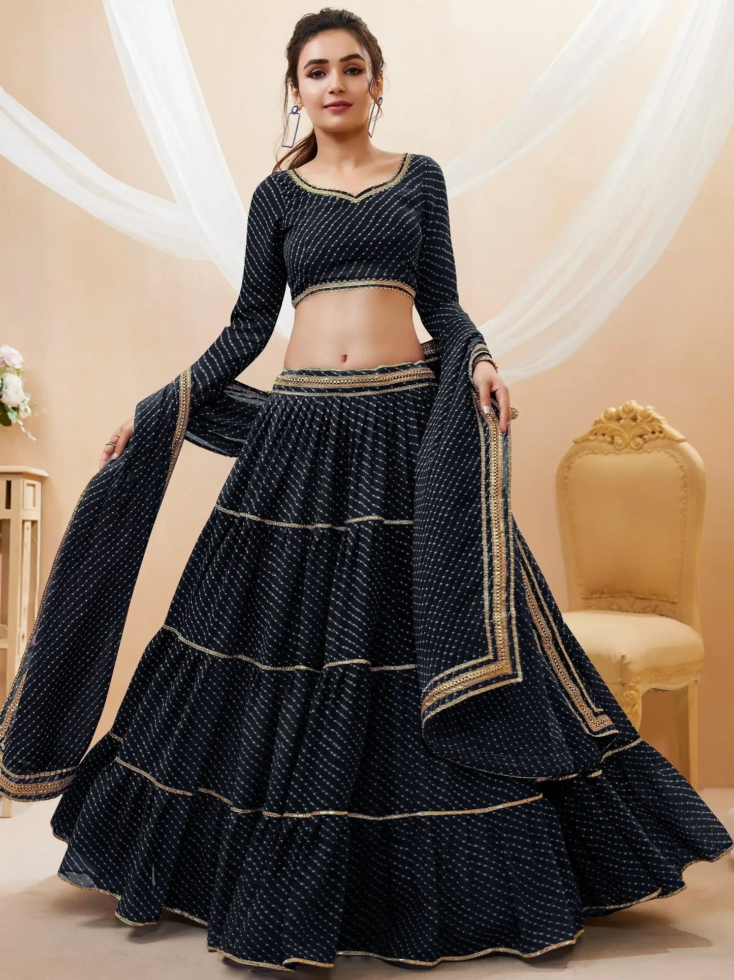Tulsi Art Wonderful Black Leheriya Printed Georgette Party Wear Lehenga Choli