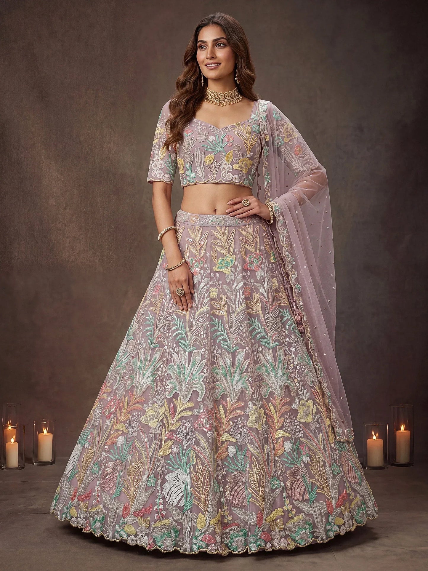 Tulsi Art Dazzling Lavender Sequins Net Wedding Wear Lehenga Choli