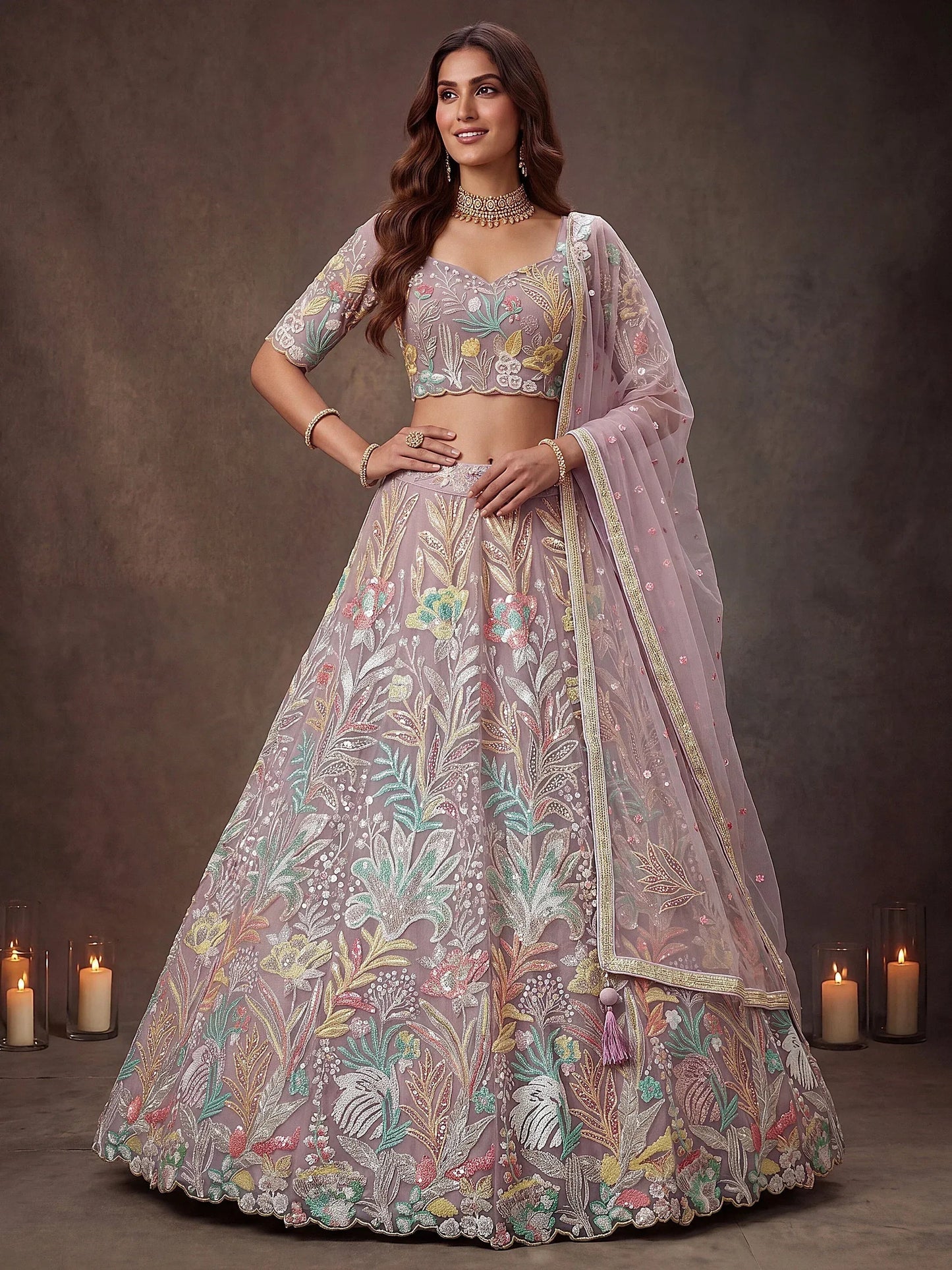 Tulsi Art Dazzling Lavender Sequins Net Wedding Wear Lehenga Choli