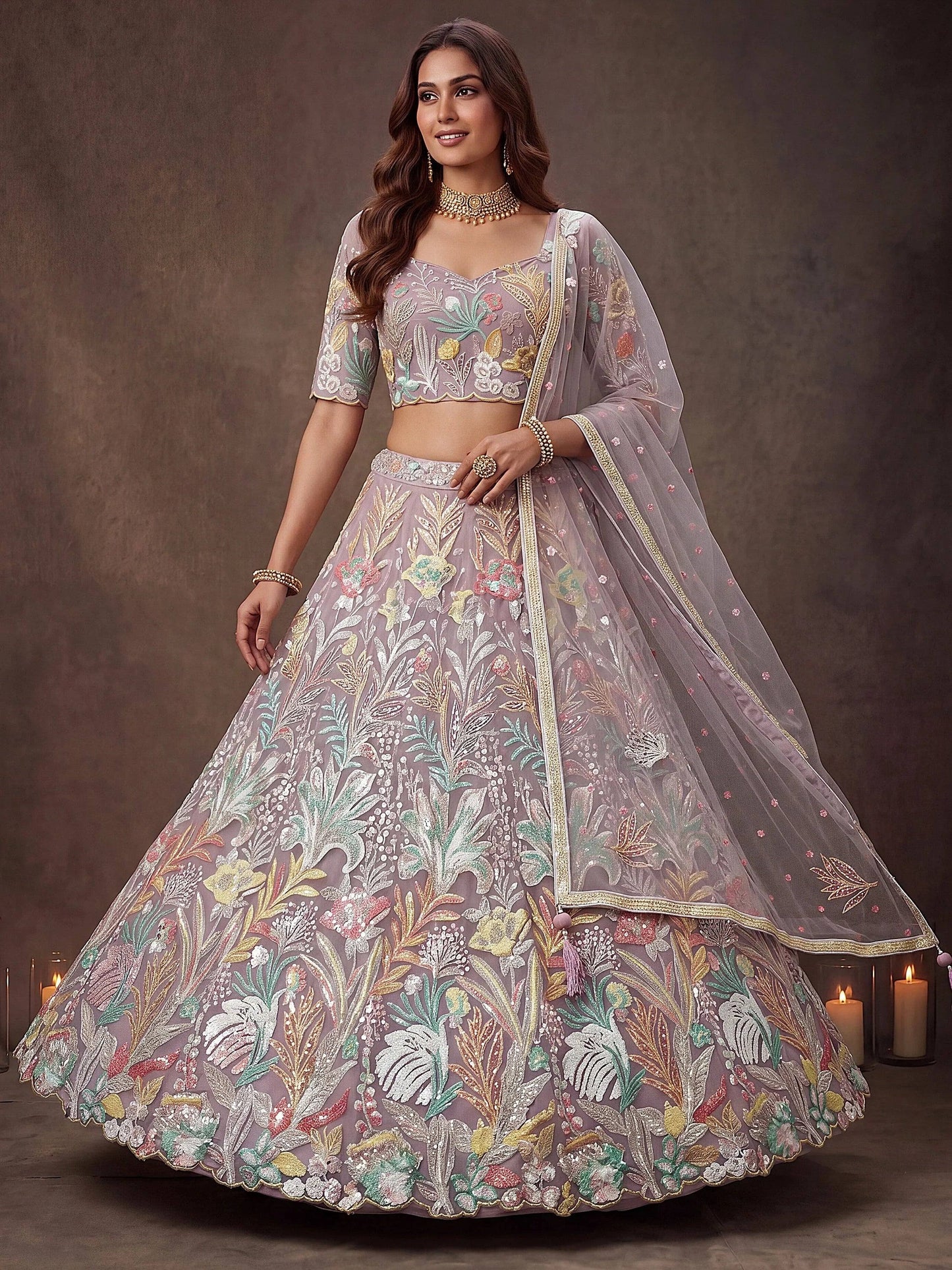 Tulsi Art Dazzling Lavender Sequins Net Wedding Wear Lehenga Choli