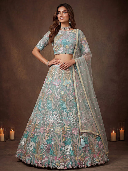 Tulsi Art Sparkling Pista Green Embroidered Net Marriage Wear Lehenga Choli
