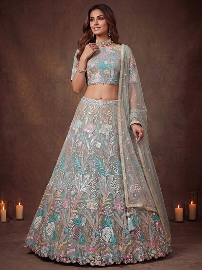 Tulsi Art Sparkling Pista Green Embroidered Net Marriage Wear Lehenga Choli