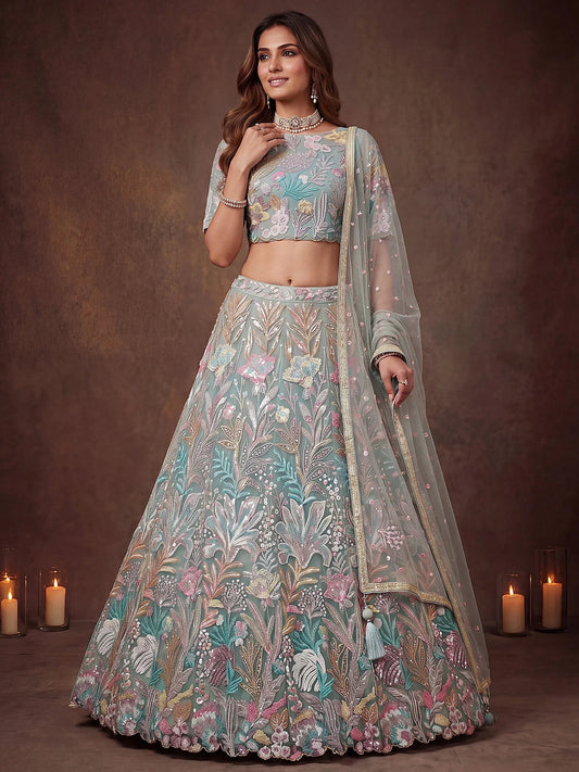 Tulsi Art Sparkling Pista Green Embroidered Net Marriage Wear Lehenga Choli