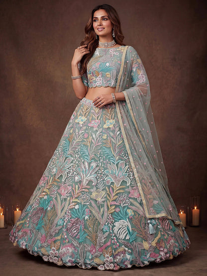 Tulsi Art Sparkling Pista Green Embroidered Net Marriage Wear Lehenga Choli