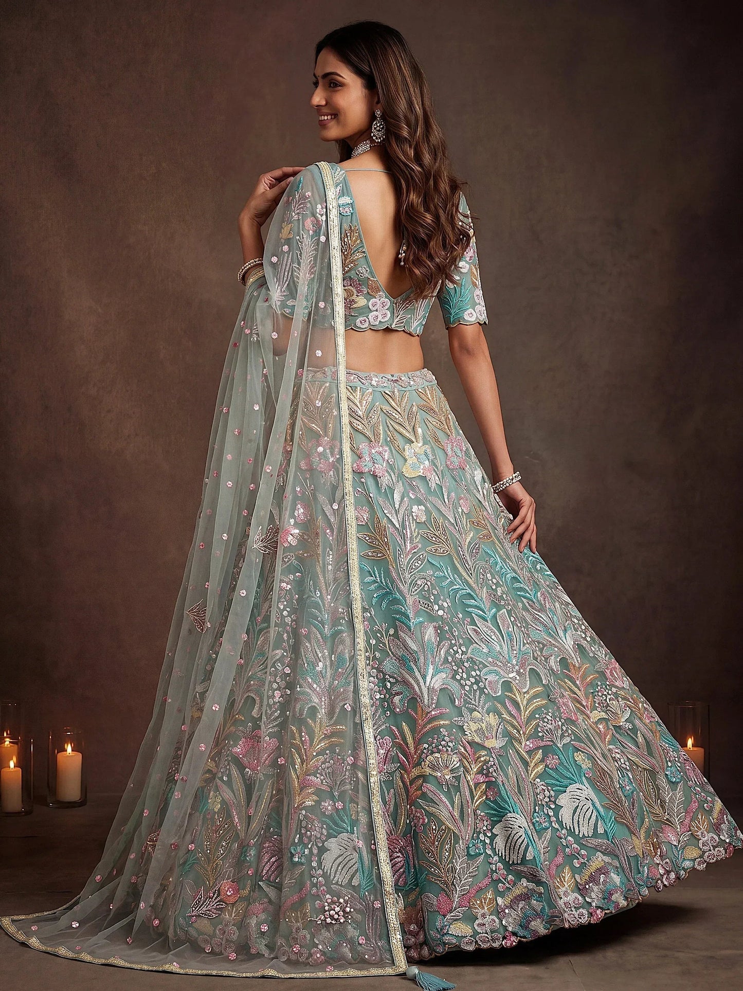 Tulsi Art Sparkling Pista Green Embroidered Net Marriage Wear Lehenga Choli