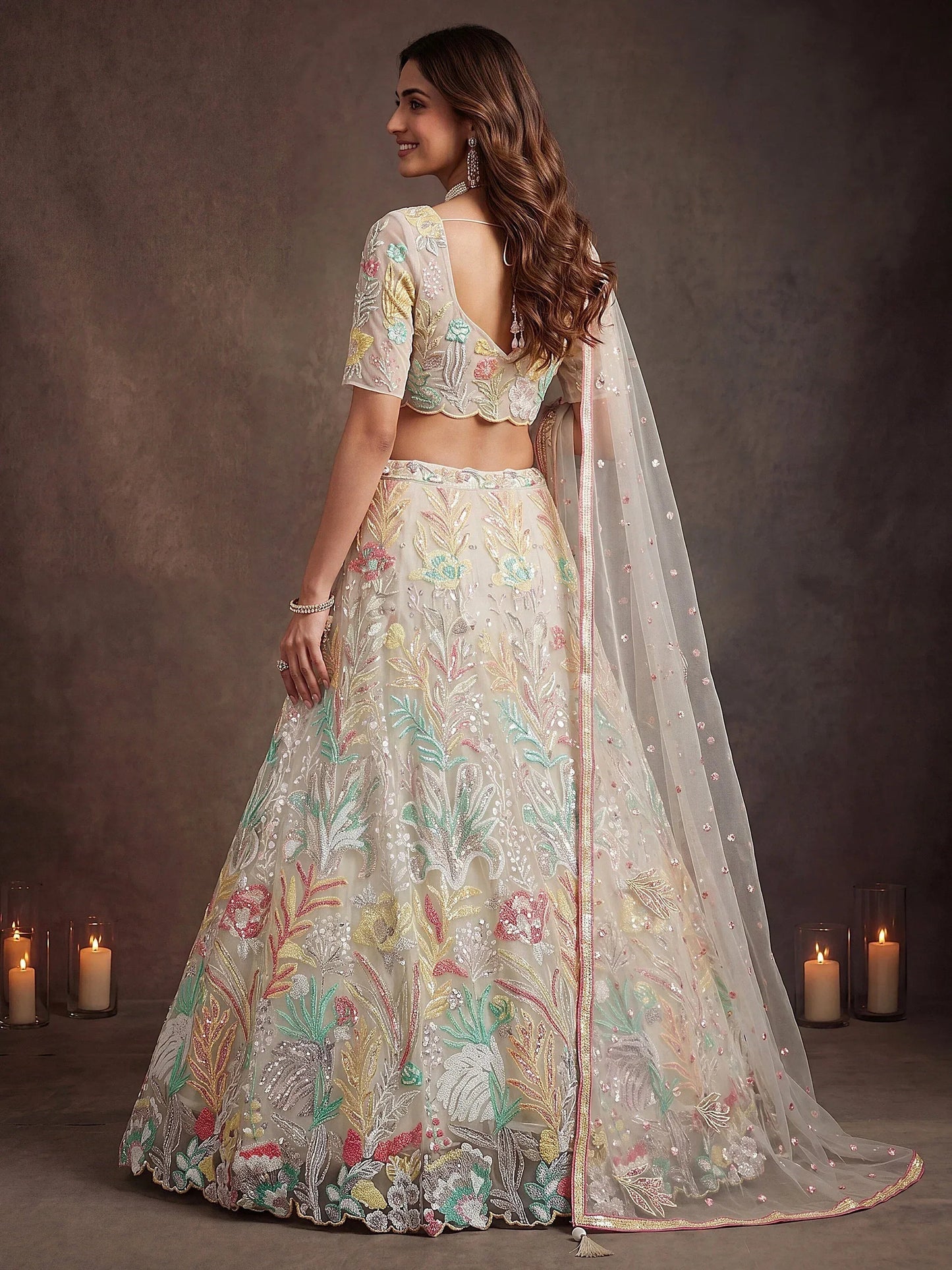 Tulsi Art Majestic Off-White Sequins Net Party Wear Lehenga Choli