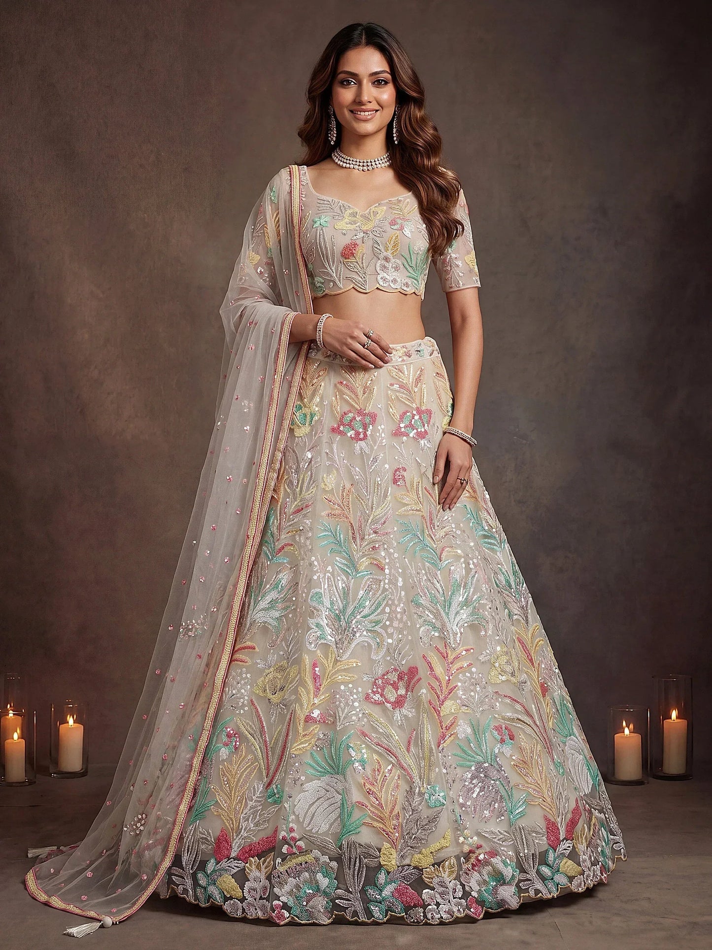 Tulsi Art Majestic Off-White Sequins Net Party Wear Lehenga Choli