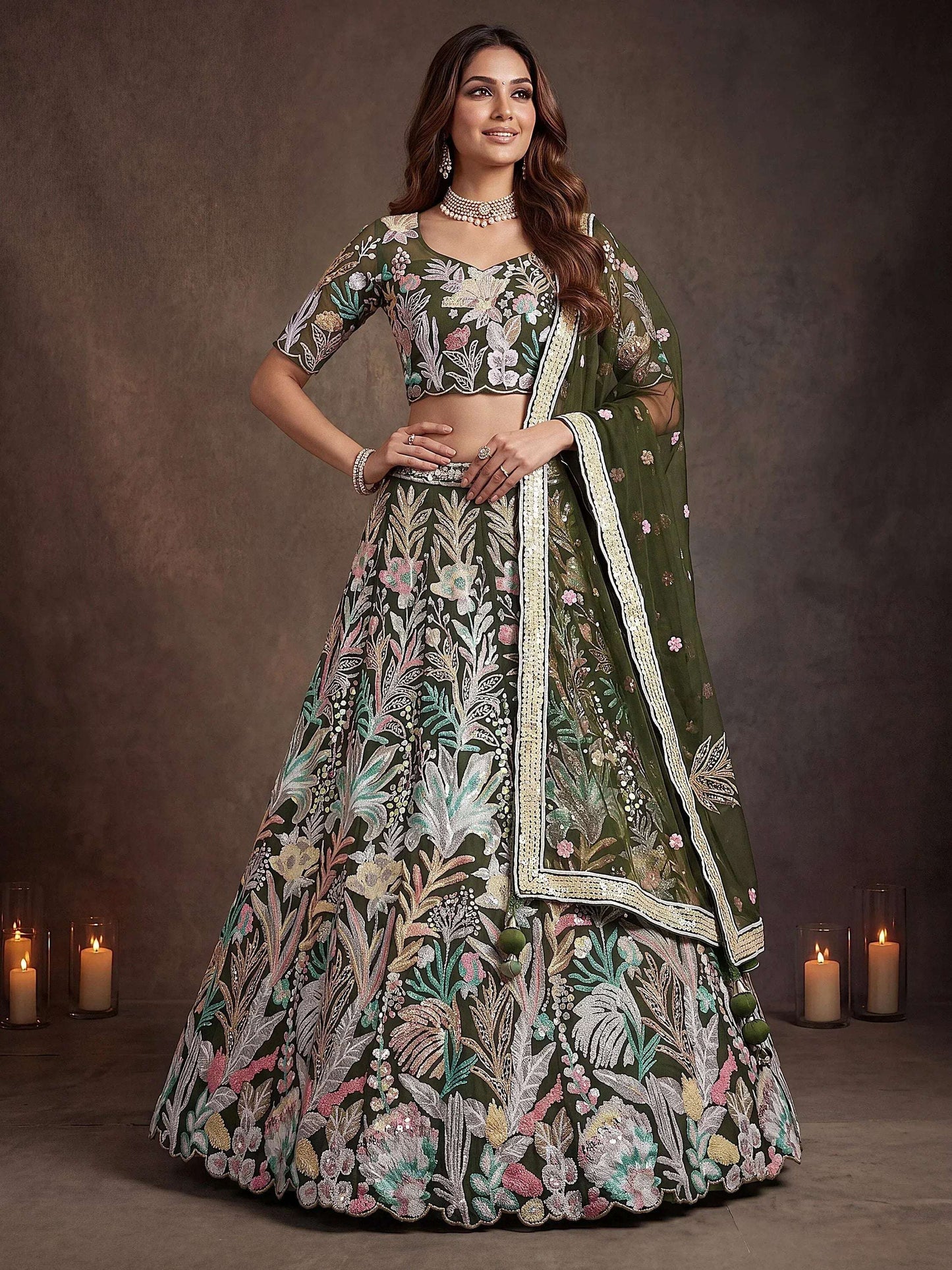 Tulsi Art Adorning Green Sequins Net Reception Wear Lehenga Choli With Dupatta