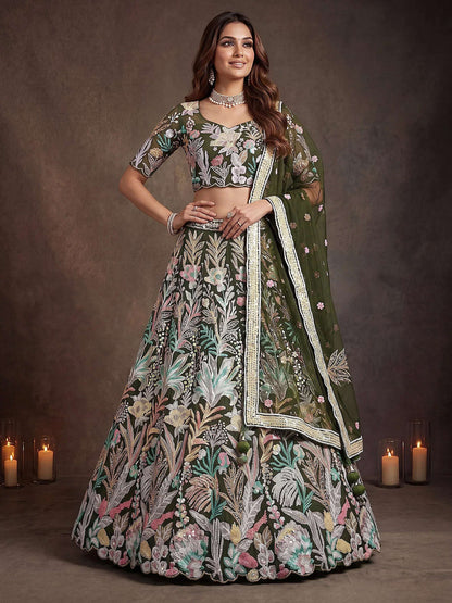 Tulsi Art Adorning Green Sequins Net Reception Wear Lehenga Choli With Dupatta