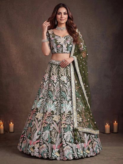 Tulsi Art Adorning Green Sequins Net Reception Wear Lehenga Choli With Dupatta