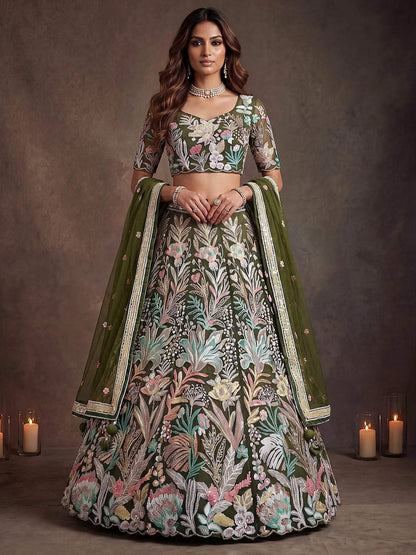 Tulsi Art Adorning Green Sequins Net Reception Wear Lehenga Choli With Dupatta