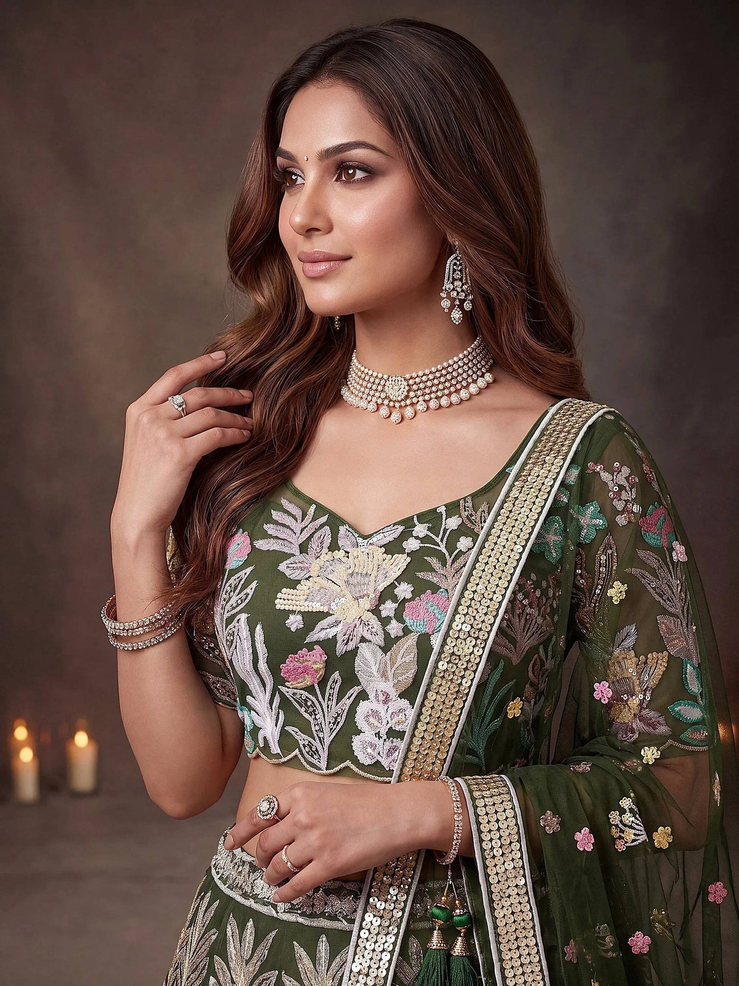 Tulsi Art Adorning Green Sequins Net Reception Wear Lehenga Choli With Dupatta