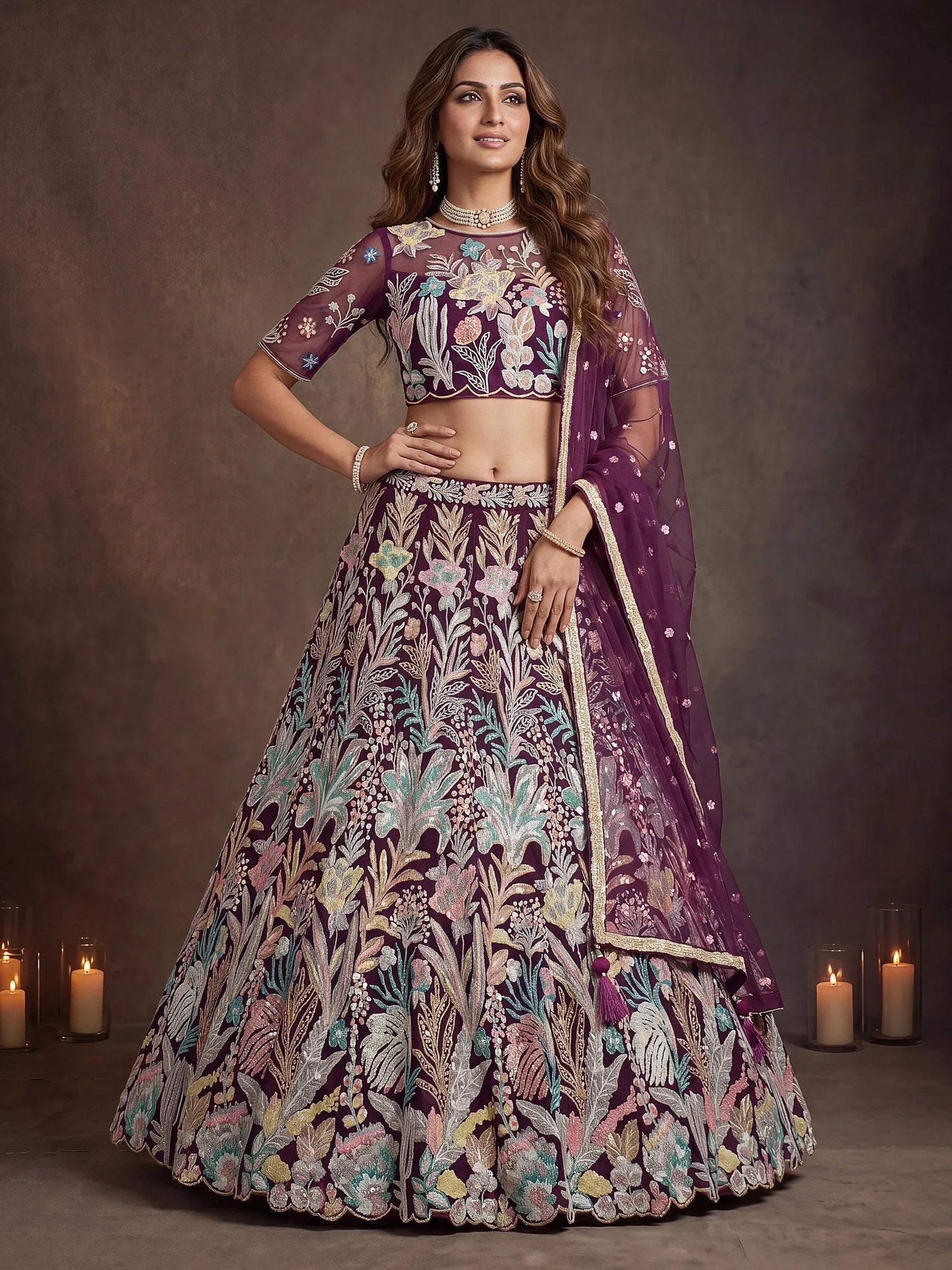 Tulsi Art Awesome Wine Sequins Net Reception Wear Lehenga Choli With Dupatta