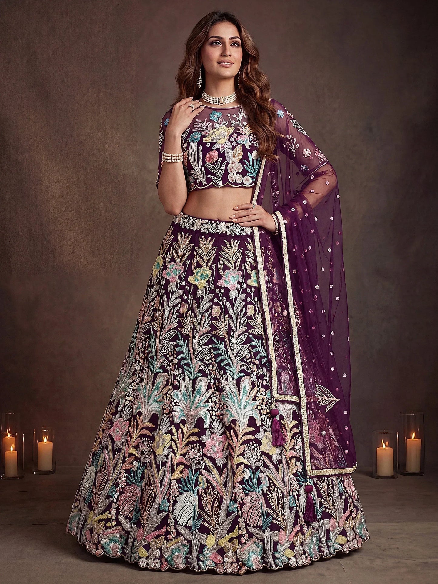 Tulsi Art Awesome Wine Sequins Net Reception Wear Lehenga Choli With Dupatta