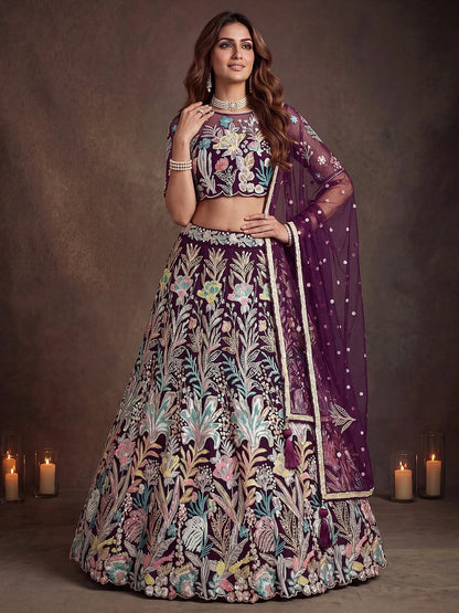 Tulsi Art Awesome Wine Sequins Net Reception Wear Lehenga Choli With Dupatta