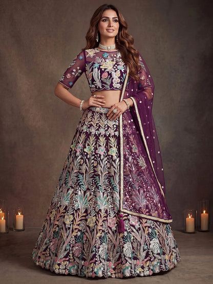 Tulsi Art Awesome Wine Sequins Net Reception Wear Lehenga Choli With Dupatta