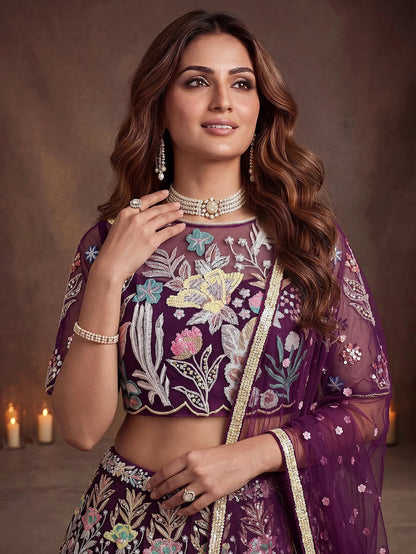 Tulsi Art Awesome Wine Sequins Net Reception Wear Lehenga Choli With Dupatta