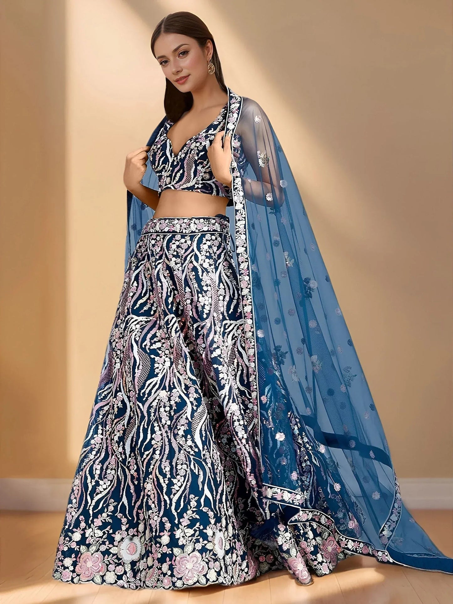 Tulsi Art Astonishing Blue Sequins Net Party Wear Lehenga Choli With Dupatta