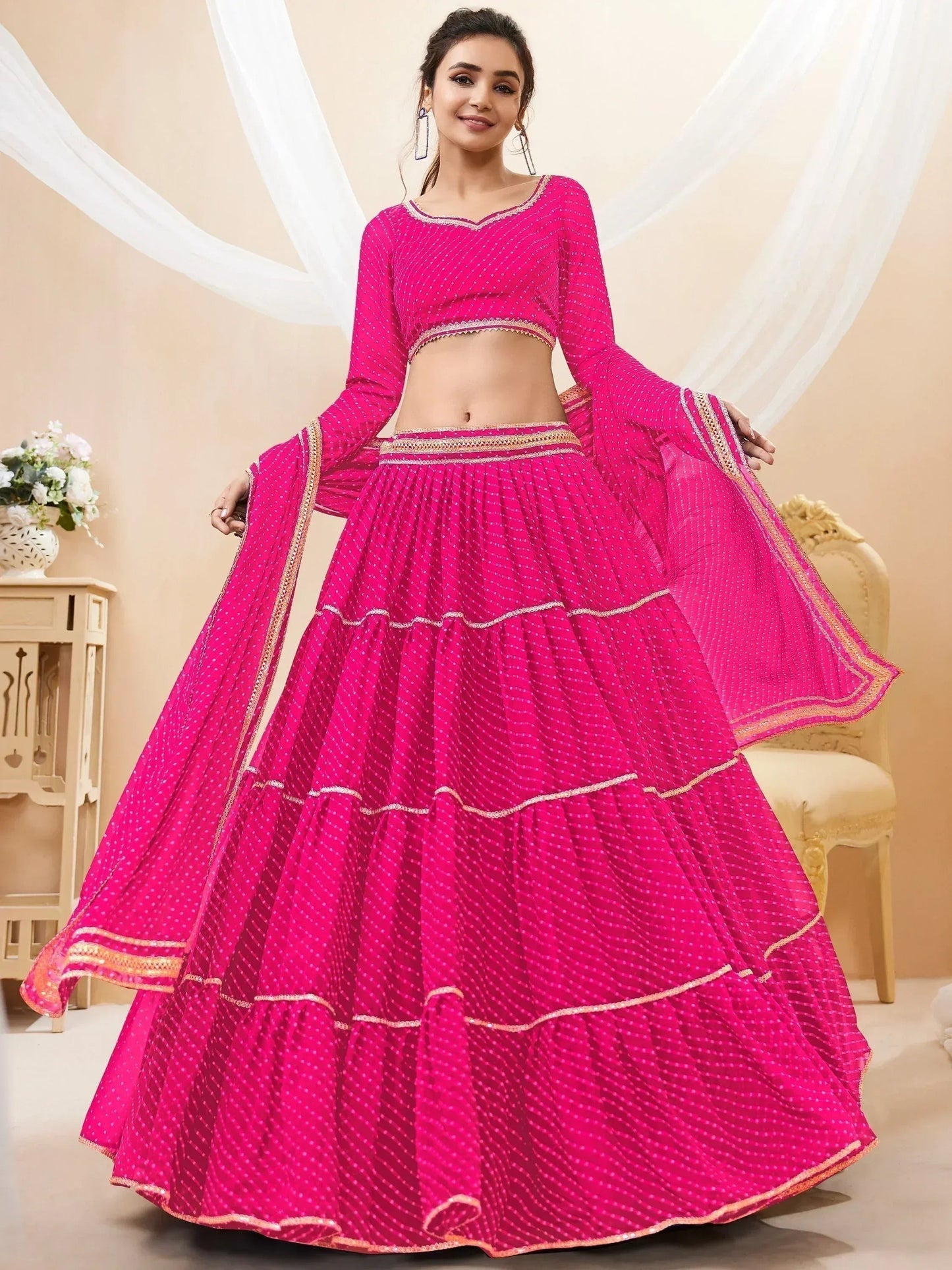Tulsi Art Fabulous Pink Leheriya Printed Georgette Function Wear Lehenga Choli