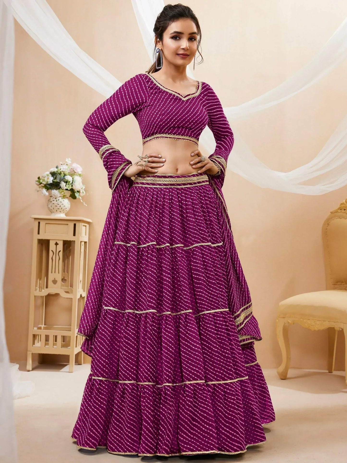 Tulsi Art Gorgeous Purple Leheriya Printed Georgette Festival Wear Lehenga Choli