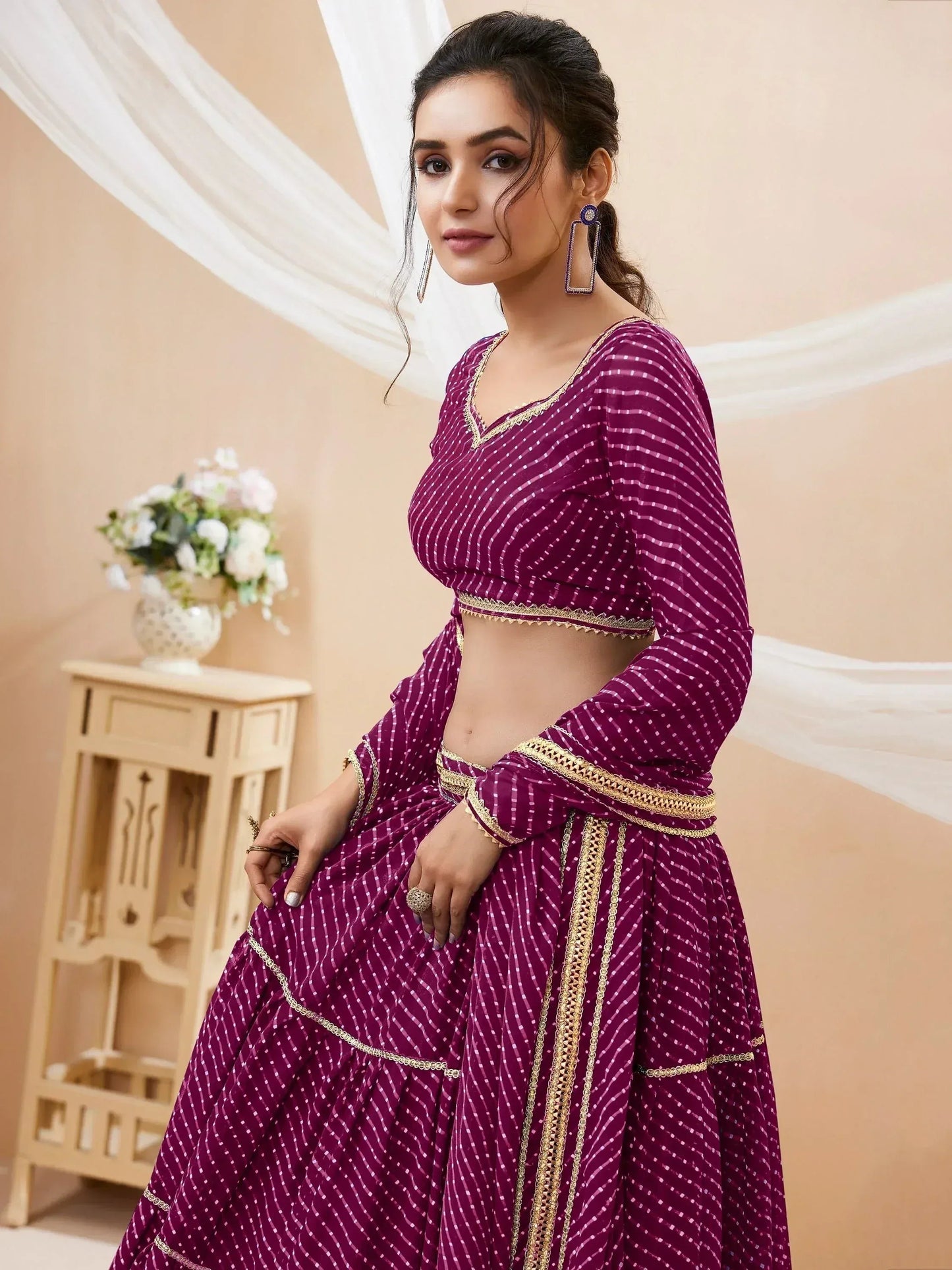Tulsi Art Gorgeous Purple Leheriya Printed Georgette Festival Wear Lehenga Choli