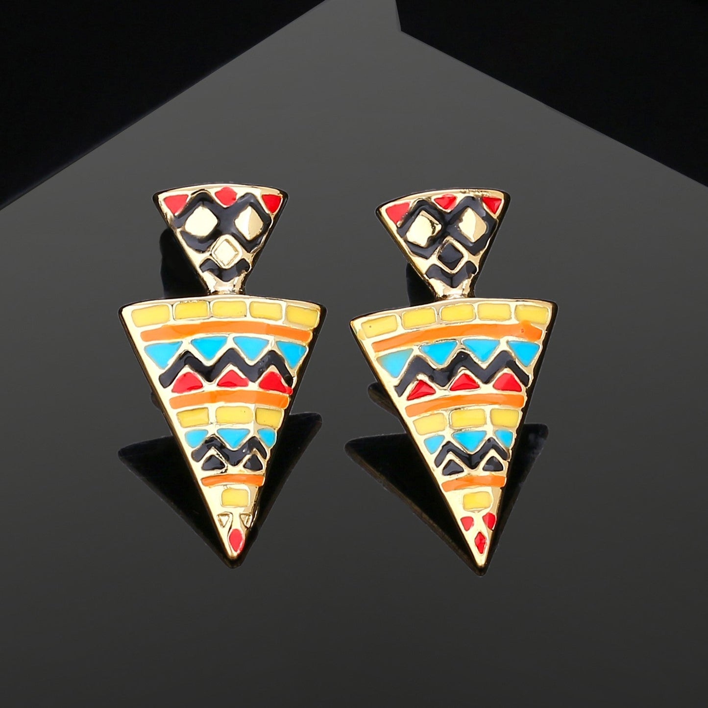 Estele Gold Plated Triangular Stud Earrings with Multi color Enamel for Girls and Women